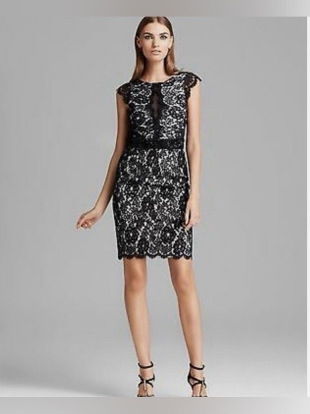 NWT MONIQUE LHUILLIER Black Lace Beaded Waist Bodycon Cocktail Midi Dress 6